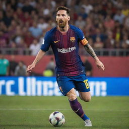 A dynamic image of Lionel Messi in a Barcelona jersey from 2024, skilfully dribbling a football on the pitch with a backdrop of an ecstatic crowd.