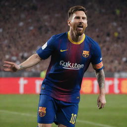 A dynamic image of Lionel Messi in a Barcelona jersey from 2024, skilfully dribbling a football on the pitch with a backdrop of an ecstatic crowd.