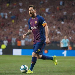 A dynamic image of Lionel Messi in a Barcelona jersey from 2024, skilfully dribbling a football on the pitch with a backdrop of an ecstatic crowd.