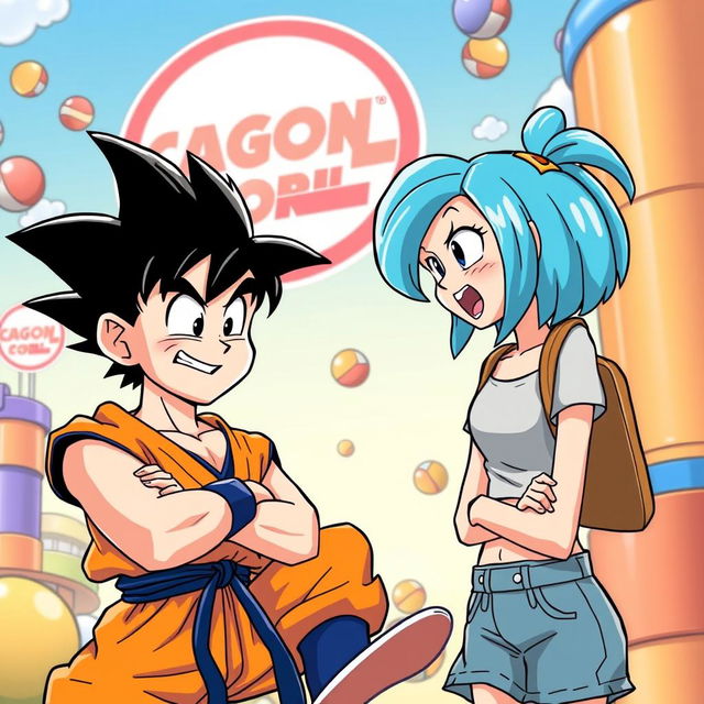 An imaginative and humorous scene depicting Goku and Bulma in a light-hearted, playful banter