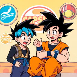 An imaginative and humorous scene depicting Goku and Bulma in a light-hearted, playful banter