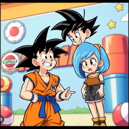 An imaginative and humorous scene depicting Goku and Bulma in a light-hearted, playful banter