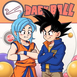 An imaginative and humorous scene depicting Goku and Bulma in a light-hearted, playful banter