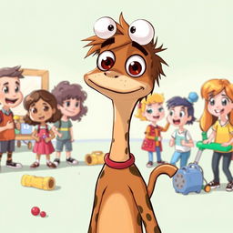 A playful illustration of a character named Buster, characterized by his big, expressive eyes that seem to bob around on top of his long, skinny neck