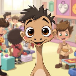 A playful illustration of a character named Buster, characterized by his big, expressive eyes that seem to bob around on top of his long, skinny neck