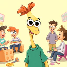 A playful illustration of a character named Buster, characterized by his big, expressive eyes that seem to bob around on top of his long, skinny neck