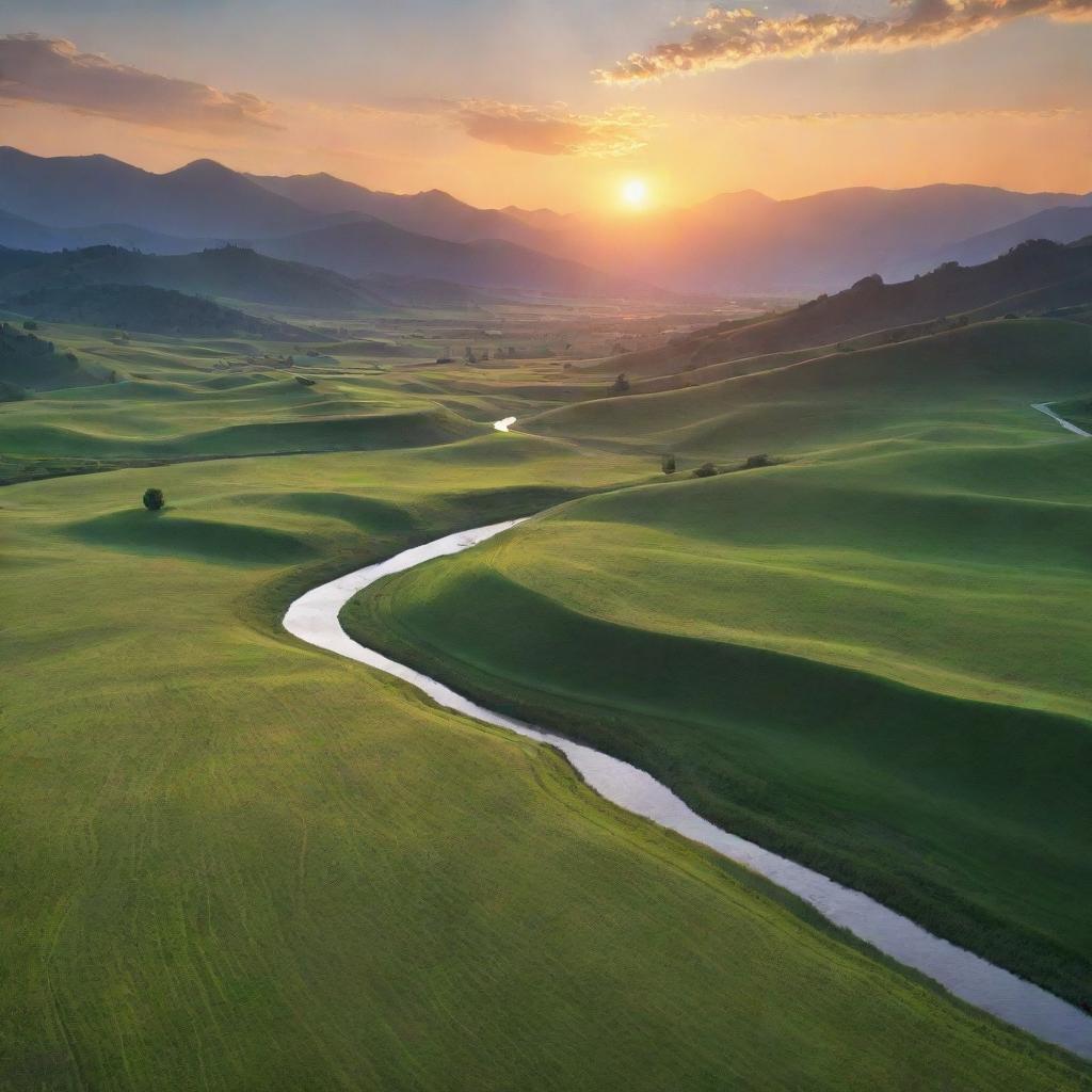 A serene landscape featuring a rolling green meadow, overshadowed by a vibrant sunset casting long, breath-taking shadows, with a narrow winding river flowing gently through the heart of the silhouette mountains in the distant horizon.