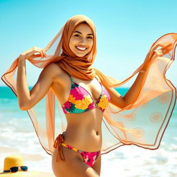 A stylish young woman wearing a colorful bikini while elegantly draped in a sheer, flowing hijab at the beach