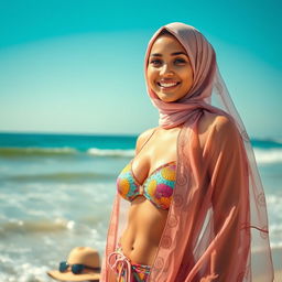 A stylish young woman wearing a colorful bikini while elegantly draped in a sheer, flowing hijab at the beach