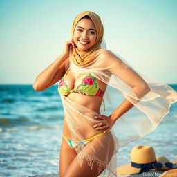 A stylish young woman wearing a colorful bikini while elegantly draped in a sheer, flowing hijab at the beach