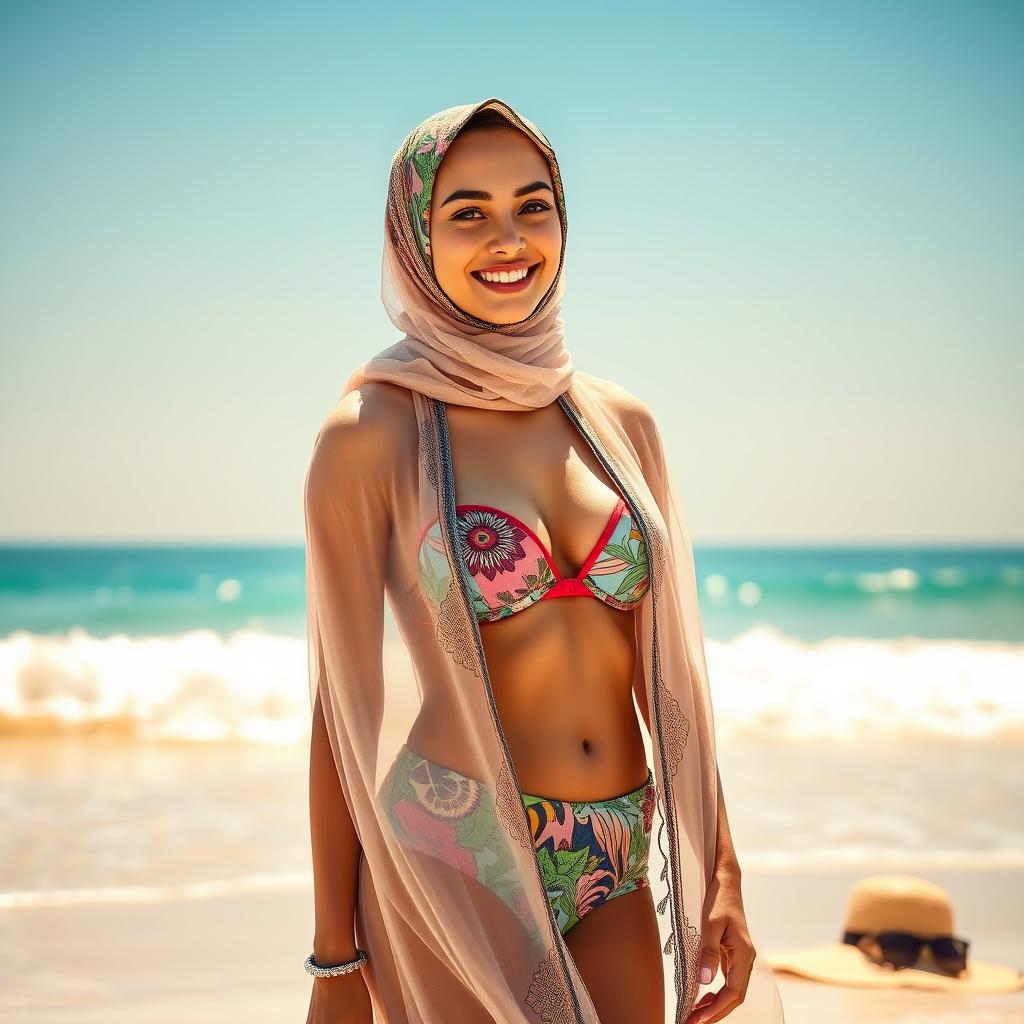 A stylish young woman wearing a colorful bikini while elegantly draped in a sheer, flowing hijab at the beach