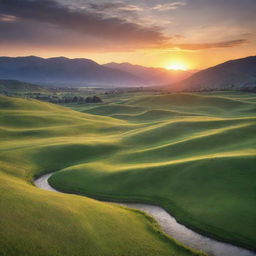 A serene landscape featuring a rolling green meadow, overshadowed by a vibrant sunset casting long, breath-taking shadows, with a narrow winding river flowing gently through the heart of the silhouette mountains in the distant horizon.