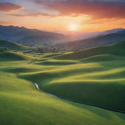 A serene landscape featuring a rolling green meadow, overshadowed by a vibrant sunset casting long, breath-taking shadows, with a narrow winding river flowing gently through the heart of the silhouette mountains in the distant horizon.