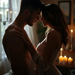 A passionate and intimate moment between two attractive adults in a softly lit room, showcasing their sensual connection and chemistry