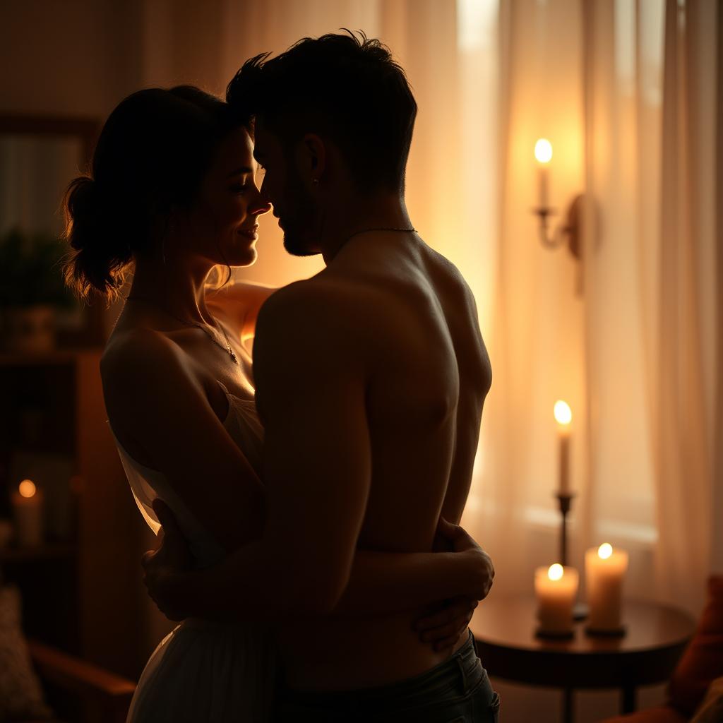 A passionate and intimate moment between two attractive adults in a softly lit room, showcasing their sensual connection and chemistry