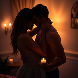 A passionate and intimate moment between two attractive adults in a softly lit room, showcasing their sensual connection and chemistry