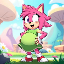 A whimsical scene featuring Amy Rose, a cheerful and vibrant pink hedgehog character known for her energetic personality and iconic green dress, humorously experiencing a belly expansion