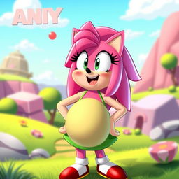 A whimsical scene featuring Amy Rose, a cheerful and vibrant pink hedgehog character known for her energetic personality and iconic green dress, humorously experiencing a belly expansion