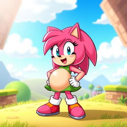 A whimsical scene featuring Amy Rose, a cheerful and vibrant pink hedgehog character known for her energetic personality and iconic green dress, humorously experiencing a belly expansion