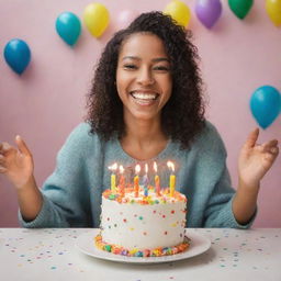 A person cheerfully holding a brightly decorated birthday cake with colorful candles on top.