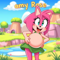 A whimsical scene featuring Amy Rose, a cheerful and vibrant pink hedgehog character known for her energetic personality and iconic green dress, humorously experiencing a belly expansion