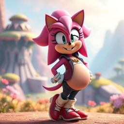 A playful and whimsical scene featuring Amy Rose, the vibrant pink hedgehog character known for her energetic charm, experiencing a humorous belly expansion