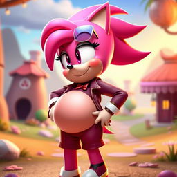 A playful and whimsical scene featuring Amy Rose, the vibrant pink hedgehog character known for her energetic charm, experiencing a humorous belly expansion