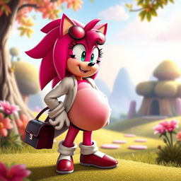 A playful and whimsical scene featuring Amy Rose, the vibrant pink hedgehog character known for her energetic charm, experiencing a humorous belly expansion