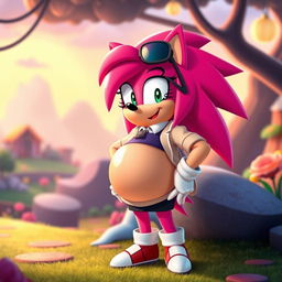 A playful and whimsical scene featuring Amy Rose, the vibrant pink hedgehog character known for her energetic charm, experiencing a humorous belly expansion