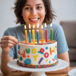 A person cheerfully holding a brightly decorated birthday cake with colorful candles on top.