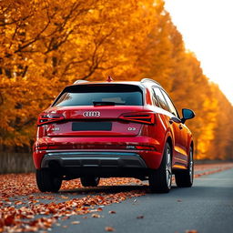 A sleek red Audi Q3 captured at a dynamic angle from the rear, showcasing its modern design and sporty lines