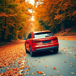 A sleek red Audi Q3 captured at a dynamic angle from the rear, showcasing its modern design and sporty lines