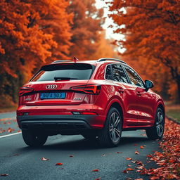 A sleek red Audi Q3 captured at a dynamic angle from the rear, showcasing its modern design and sporty lines