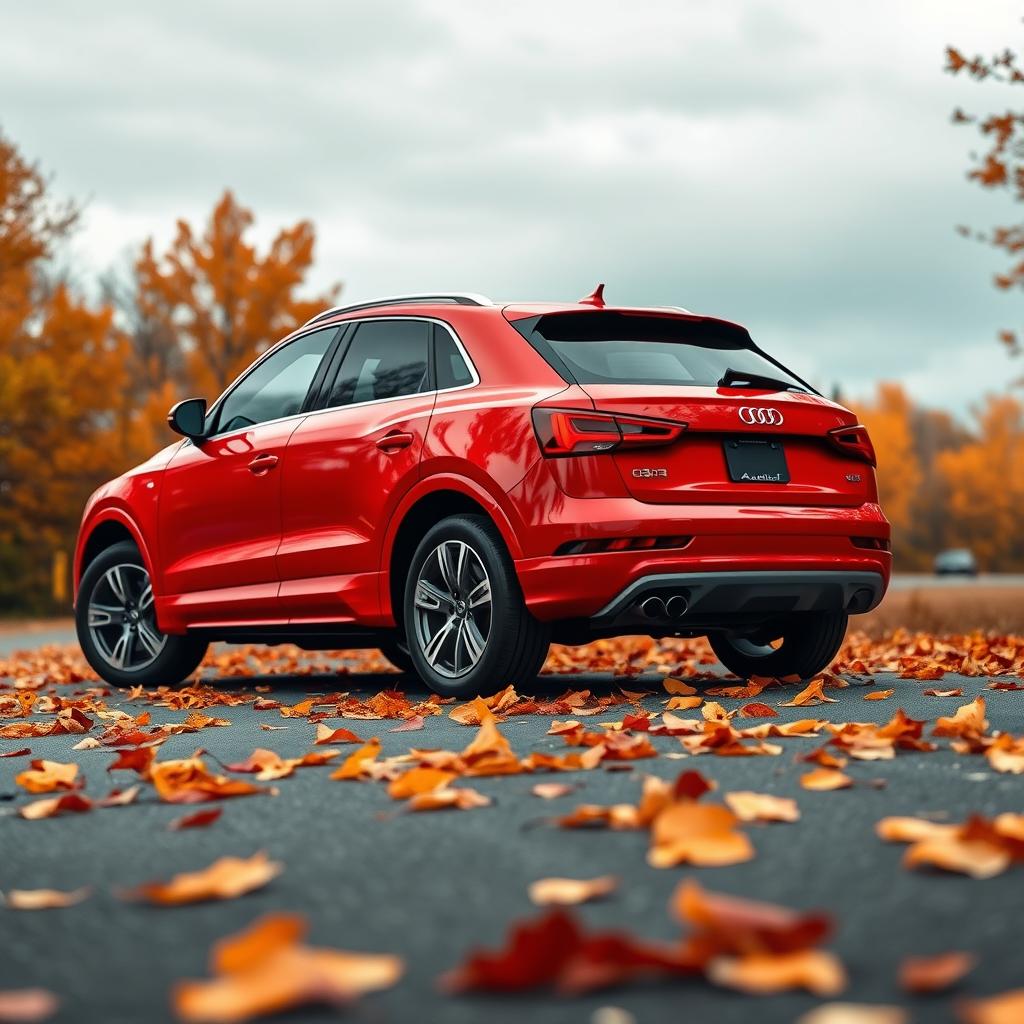 A sleek red Audi Q3 captured at a dynamic angle from the rear, highlighting its contemporary design and sporty silhouette