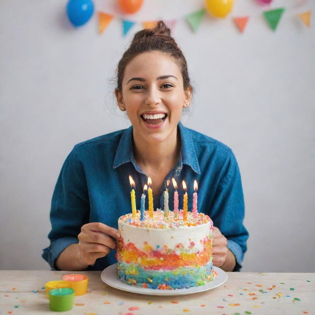 A person cheerfully holding a brightly decorated birthday cake with colorful candles on top.