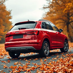 A sleek red Audi Q3 captured at a dynamic angle from the rear, highlighting its contemporary design and sporty silhouette