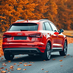 A sleek red Audi Q3 captured at a dynamic angle from the rear, highlighting its contemporary design and sporty silhouette