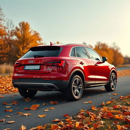 A sleek red Audi Q3 captured at a dynamic angle from the rear, highlighting its contemporary design and sporty silhouette