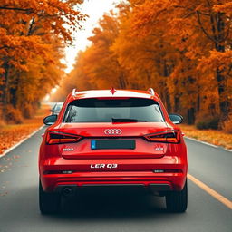 A sleek red Audi Q3 captured at a dynamic angle from the rear, emphasizing its sporty and contemporary design