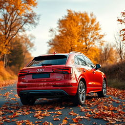 A sleek red Audi Q3 captured at a dynamic angle from the rear, emphasizing its sporty and contemporary design