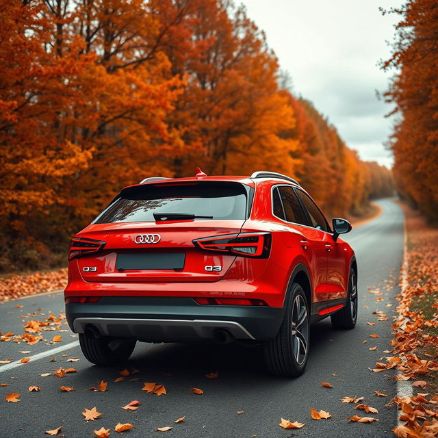 A sleek red Audi Q3 captured at a dynamic angle from the rear, emphasizing its sporty and contemporary design