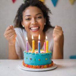 A person cheerfully holding a brightly decorated birthday cake with colorful candles on top.