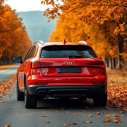 A sleek red Audi Q3 captured at a dynamic angle from the rear, emphasizing its sporty and contemporary design