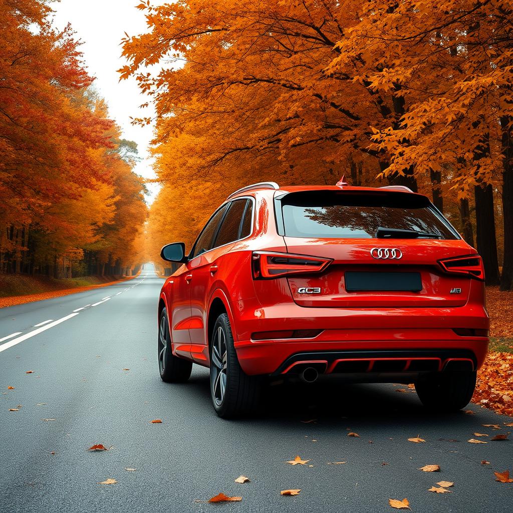 A sleek red Audi Q3 captured at a dynamic angle from the rear, emphasizing its stylish and athletic features