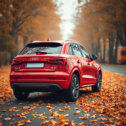 A sleek red Audi Q3 captured at a dynamic angle from the rear, emphasizing its stylish and athletic features