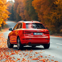 A sleek red Audi Q3 captured at a dynamic angle from the rear, emphasizing its stylish and athletic features