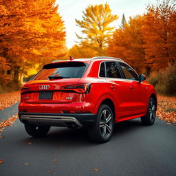 A sleek red Audi Q3 captured at a dynamic angle from the rear, emphasizing its stylish and athletic features