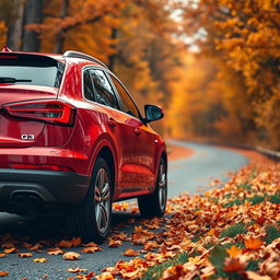 A sleek red Audi Q3 prominently featuring the Q3 logo on the left side, captured at a dynamic angle from the rear to emphasize its stylish and sporty aesthetics