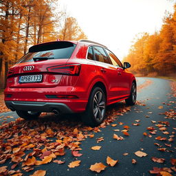 A sleek red Audi Q3 prominently featuring the Q3 logo on the left side, captured at a dynamic angle from the rear to emphasize its stylish and sporty aesthetics