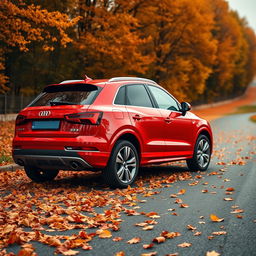 A sleek red Audi Q3 prominently featuring the Q3 logo on the left side, captured at a dynamic angle from the rear to emphasize its stylish and sporty aesthetics